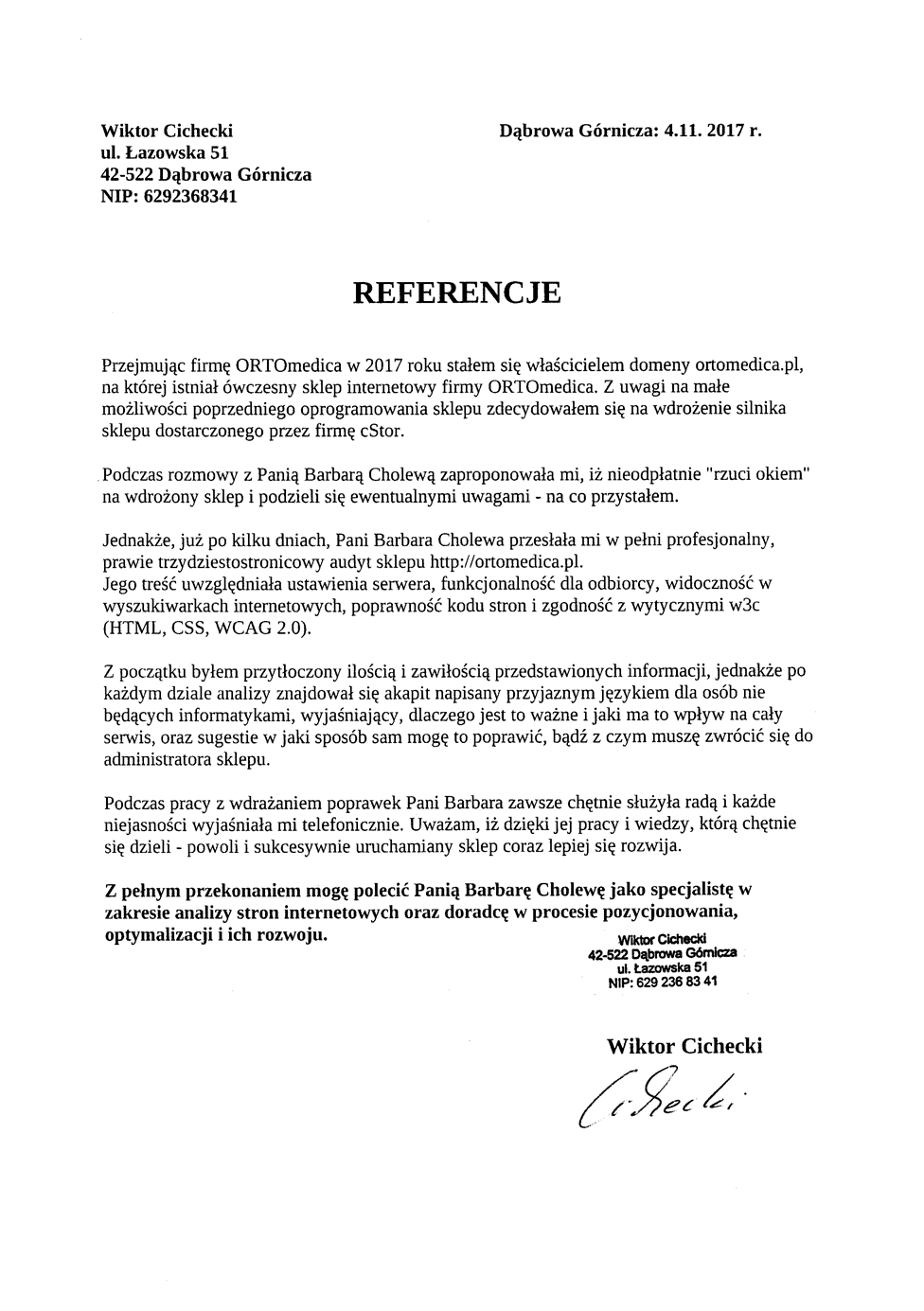 Referencje przedsiębiorcy Wiktora Cicheckiego Referencje